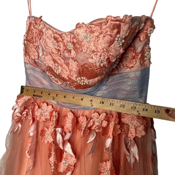 Vintage 50s Embroidered Beaded Tulle Ballgown 6 Strapless Dress Full Skirt Peach - Picture 8 of 10